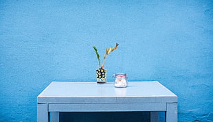 two assorted jars on table near blue wall