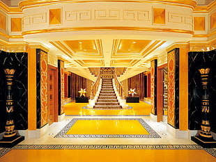 brown and white staircase, gold, architecture
