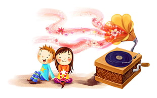 boy and girl listening to grammophone HD wallpaper