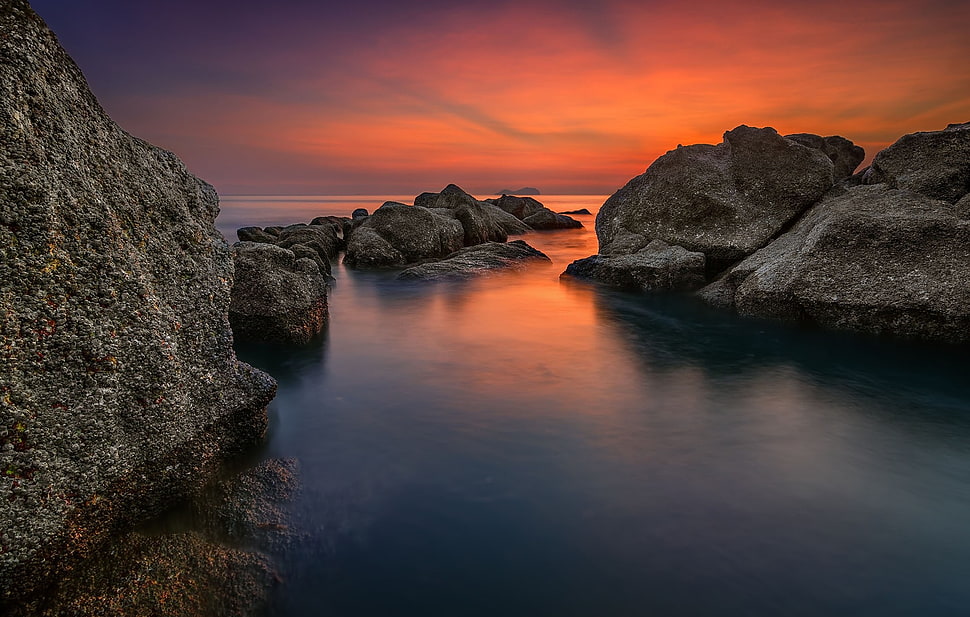brown stone formation, coast, rock, sunset, clouds HD wallpaper