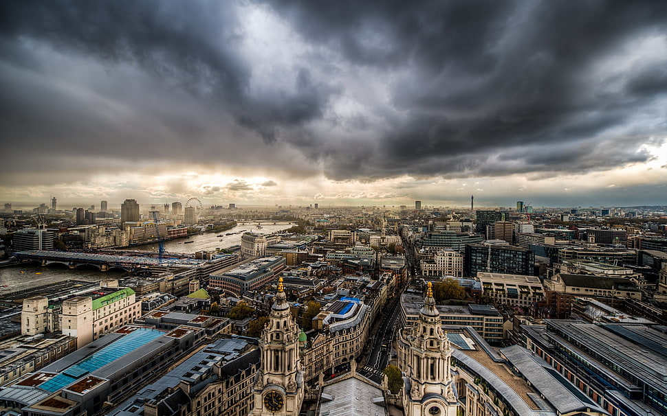 aerial photo of buildings under gray clouds, cityscape, city, building, HDR HD wallpaper