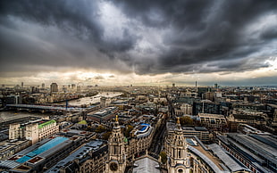 aerial photo of buildings under gray clouds, cityscape, city, building, HDR