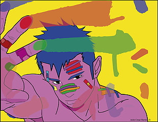 blue haired man illustration, anime, pop art, anime boys, colorful