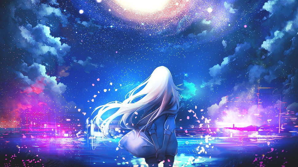 white haired girl anime under galaxy sky HD wallpaper