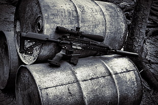 black assault rifle with tactical scope, gun, sniper rifle, AR-15, suppressors HD wallpaper