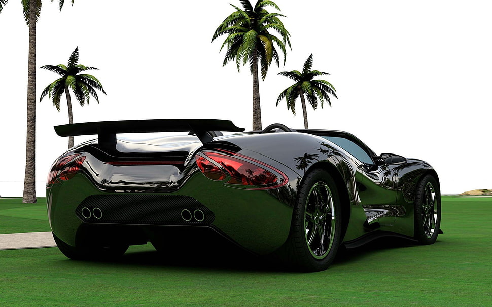 black sport car parked on green grass field HD wallpaper