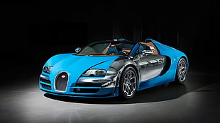 blue Bugatti convertible coupe, car, Bugatti