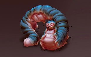 pink and blue worm character illustration, CGI, 3D, caterpillars