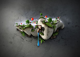 brown and green floating island with water faucet digital wallpaper, artwork