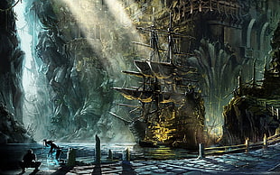 pirate ship painting, sailing ship, video games
