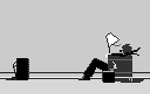 gray and white man sitting on chair pixel illustration, pixel art, 8-bit, minimalism, Hitachi Maxell