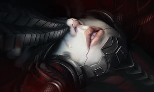 person wearing black helmet illustration, futuristic, lips, crying