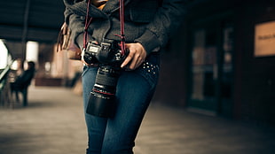 black DSLR camera with zoom lens and red strap, photographer, model, camera HD wallpaper