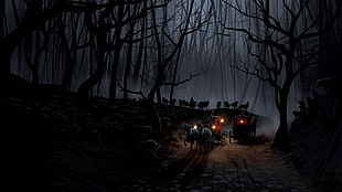 black carriage with horses surrounded by silhouette of trees and animals illustration