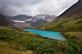 lake surrounded with green trees under clouds, cracker lake