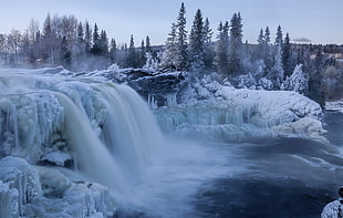 waterfall and snow, nature, landscape, waterfall, winter