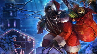 painting of octopus Santa Claus, Cthulhu, horror, creature, Christmas