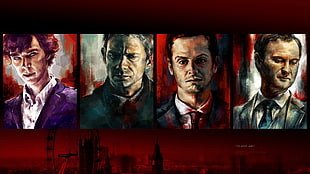 four men portrait paintings, Sherlock, John Watson, James Moriarty, Mycroft Holmes HD wallpaper