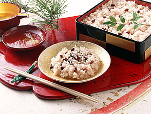 steam rice serving on ceramic plate