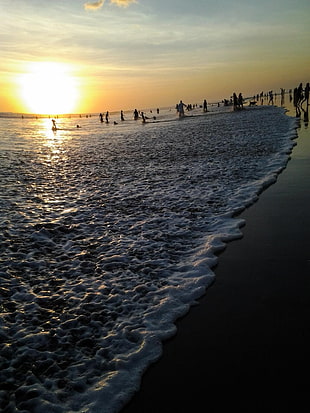 gray sand, beach, sunset, Bali, waves HD wallpaper