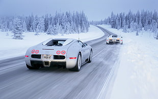 silver Buggati on snowy road