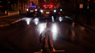 police car chasing a man holding rod, Infamous: Second Son, video games