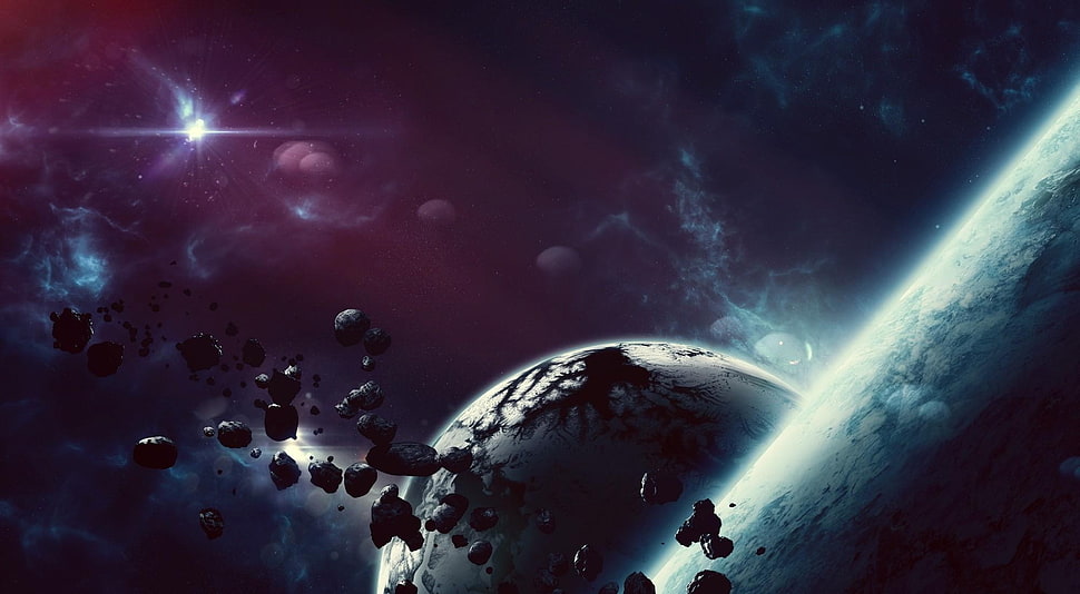 rocks fall down near planet HD wallpaper