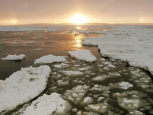 body of water surrounded by ice blocks HD wallpaper