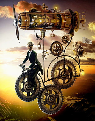 man ride-on mechanical bicycle with aircraft cover, steampunk, gears, metal, digital art HD wallpaper