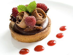 dessert made of chocolate, basil, bread and fruits