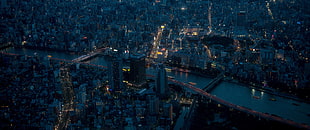 aerial photography of body of water between high-rise buildings during nighttime, Japan, Tokyo HD wallpaper