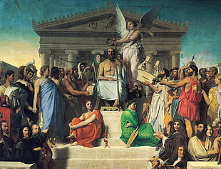 group of people in front of pillar building painting, classic art, painting, history, Greek mythology