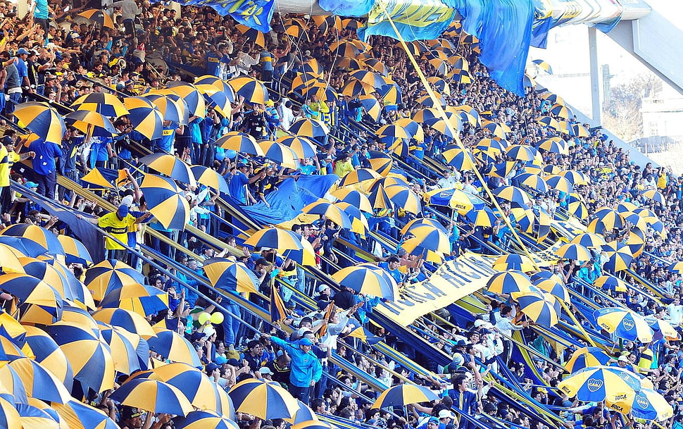 yellow-and-blue umbrella lot, Boca Juniors, people HD wallpaper