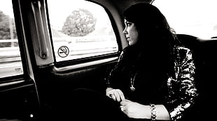grayscale photography of woman inside vehicle HD wallpaper