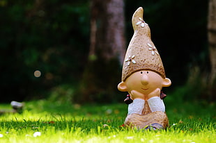 selective focus photography of gnome in grass field