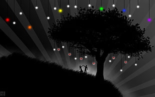photo of couple standing under tree, black field, rainbows, vector, trees