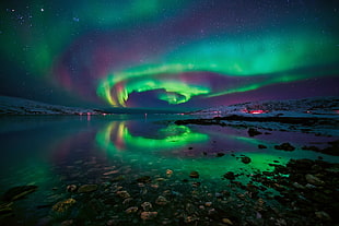 aurora borealis, nature, landscape, water, stones