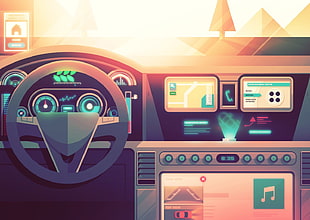 vehicle steering wheel, dashboard, and center stack illustration, digital art, car, vehicle