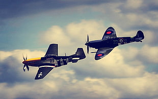 two black planes, aircraft, clouds, sky, World War II