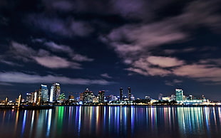 high rise buildings lighted during nighttime HD wallpaper