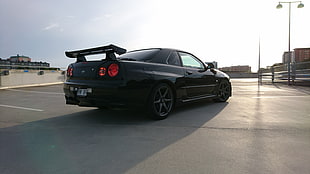 black Mercedes-Benz sedan, Nissan, skyline, Nissan Skyline R34, Nissan Skyline GT-R R34 HD wallpaper