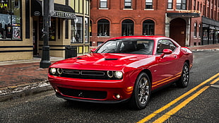 red Dodge Challenger parked near sidewalk HD wallpaper