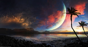 crescent moon, digital art, sunset, planet, sea