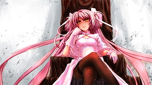 pink haired anime girl sitting on chair graphic illustration