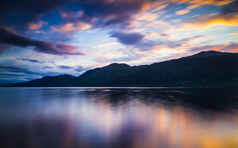 green forest, landscape, nature, clouds, reflection HD wallpaper
