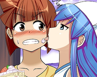 blue haired female anime character licking cheek of brown haired female anime character