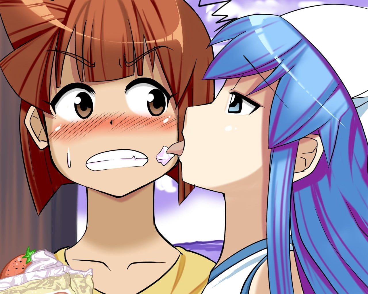 blue haired female anime character licking cheek of brown haired female ani...