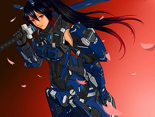 Anime woman character wearing blue gear and holding katana illustration