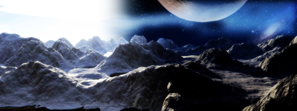 mountain and moon, landscape, multiple display HD wallpaper