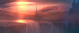 artwork of waterfalls and structure, science fiction, futuristic, artwork